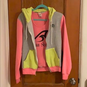 Neon pink tank top and grey with neon hoodie